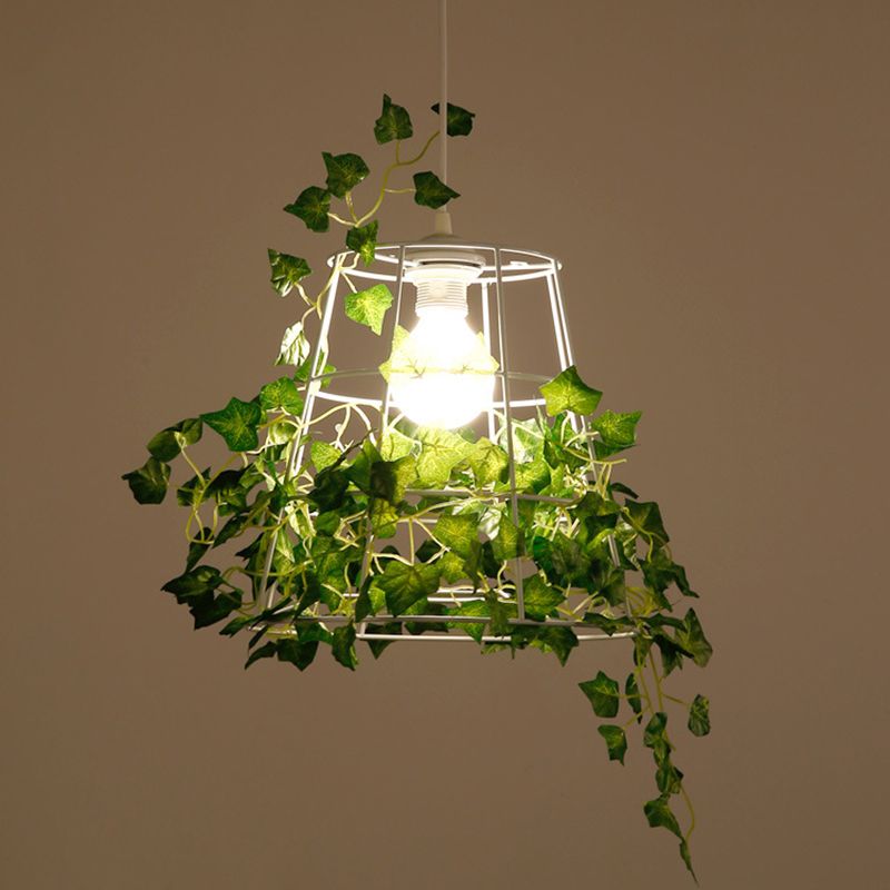 Iron Tapered Cage Suspension Lighting Retro 1 Head Dining Room Pendant Ceiling Light with Decorative Ivy in Green