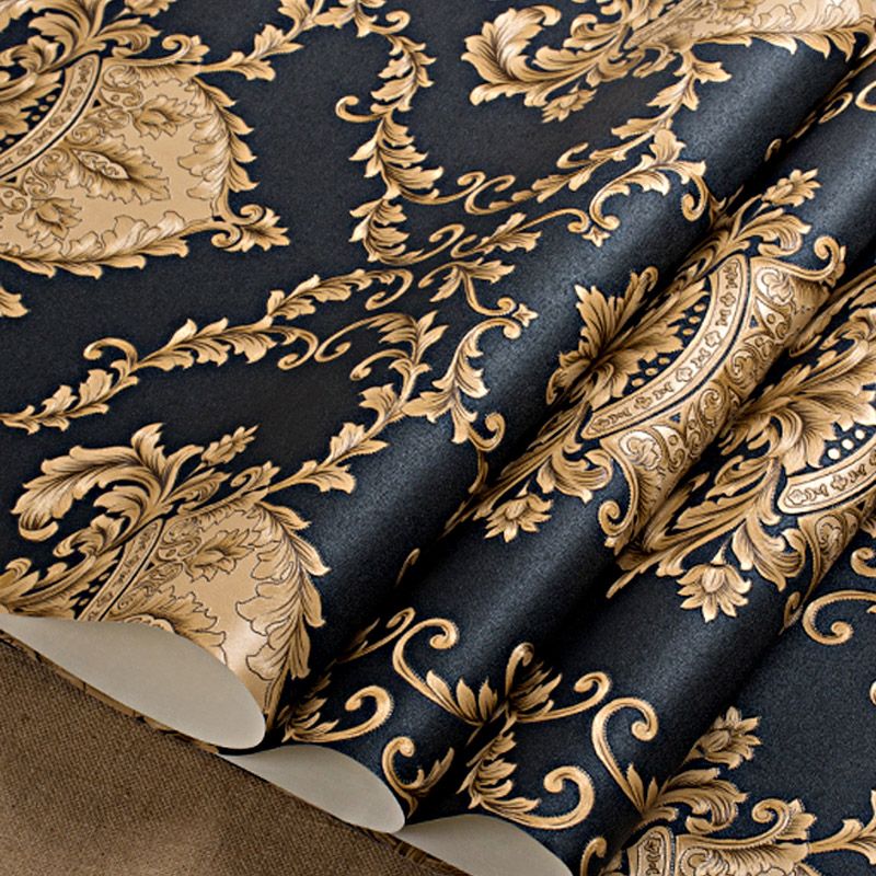 Gold Medallion Wallpaper Moisture Resistant Wall Covering on Black for Living Room
