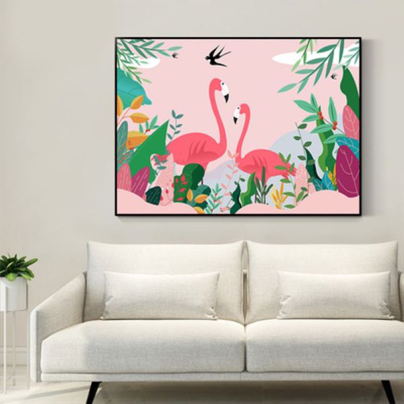 Flamingo and Plant Wall Art Tropical Textured Living Room Canvas Print in Pastel Color