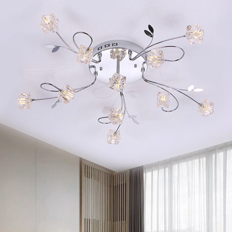 Chrome Cube Semi Flush Mount Modern 11/20-Light Hand-Cut Crystal Ceiling Lamp with Metal Leaf Deco