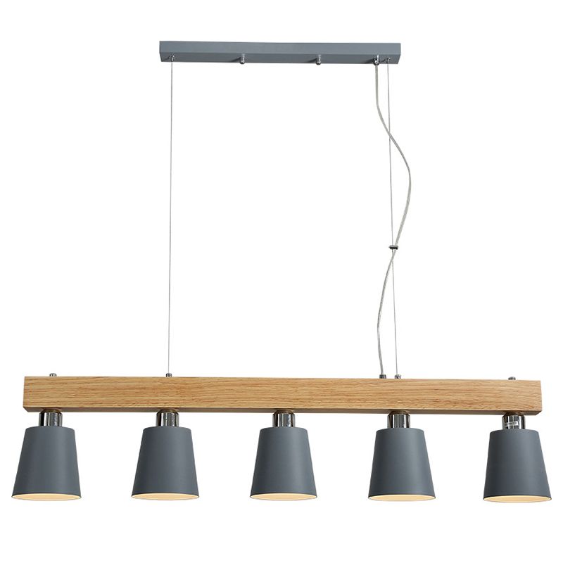 Linear Wooden Island Light Fixture Nordic Suspension Light with Tapered Metal Shade