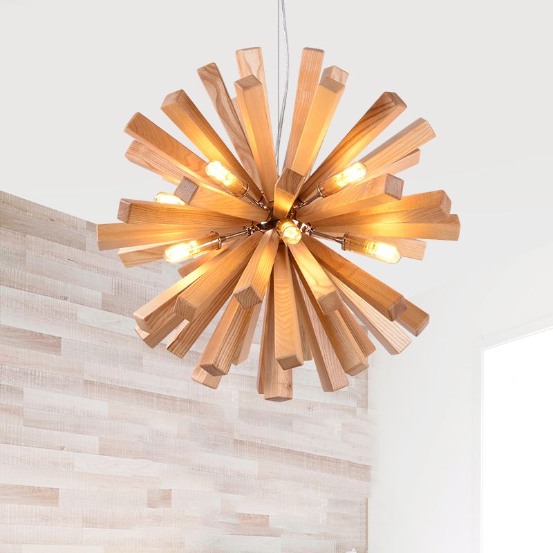 Wood Nordic Style Chandelier 10 Lights Hanging Light for Restaurant