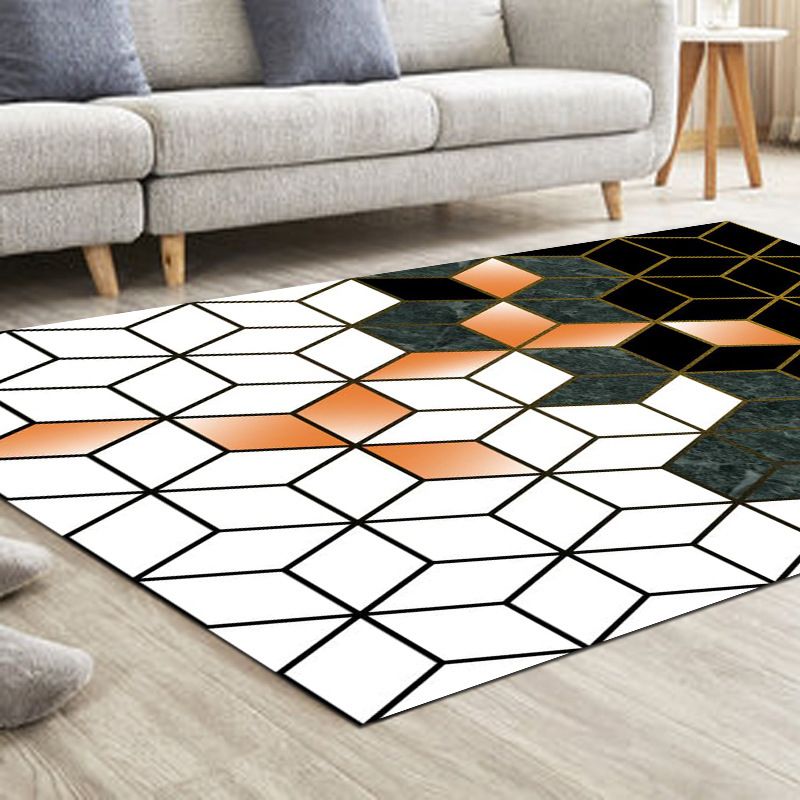 White Geometric Print Area Carpet White Polyester Area Rug Non-Slip Backing Rug for Home Decor