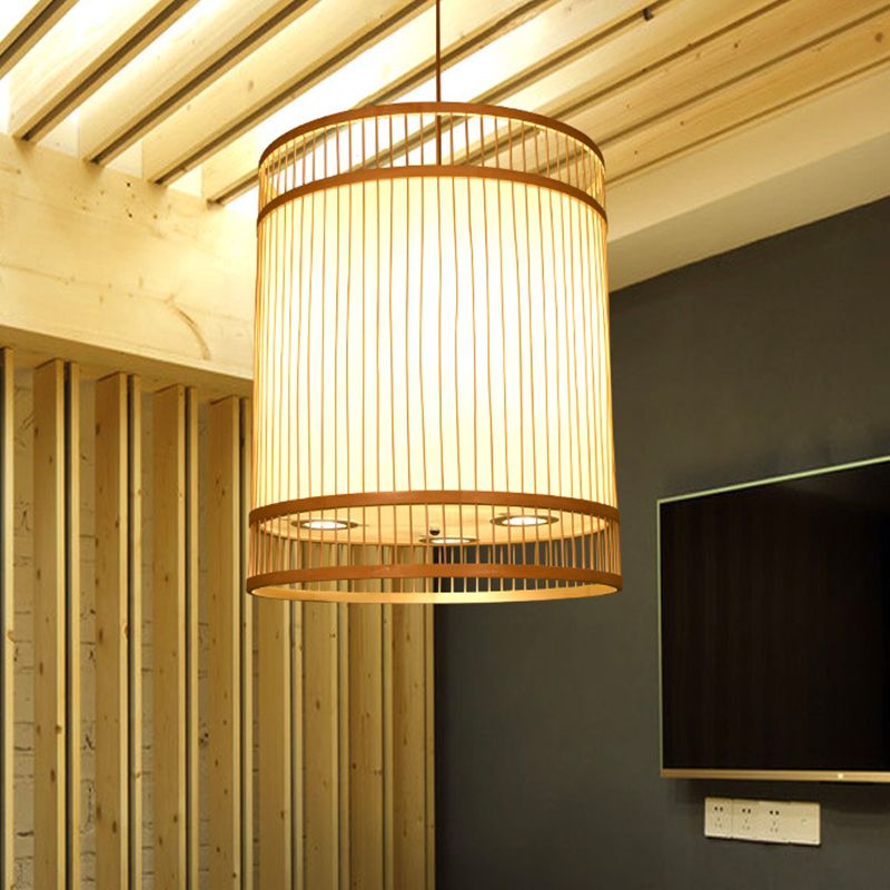 Beige Cylindrical Suspension Pendant Contemporary 1-Light Bamboo Ceiling Hang Lamp for Restaurant