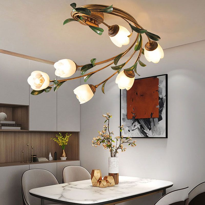 American Style Ceiling Light Flower Shape Ceiling Lamp with Glass Shade for Living Room