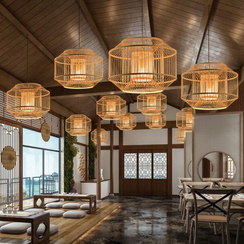 Geometric Shape Guest Room Pendant Light Bamboo Single Asian Hanging Light in Wood