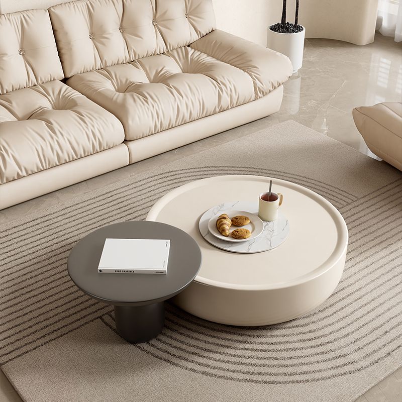 Contemporary Round White Cocktail Table 1 Drawer Drum Coffee Table Set