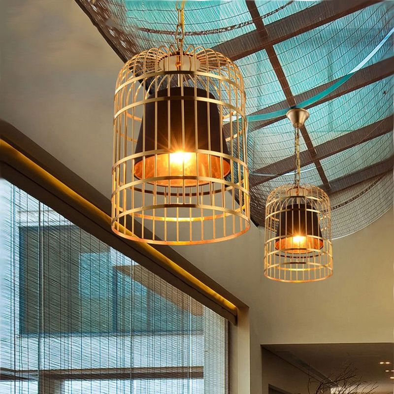 Bird Cage Dining Room Pendant Light Vintage Metal 1 Light Red/White Hanging Lamp with Tapered Fabric Shade