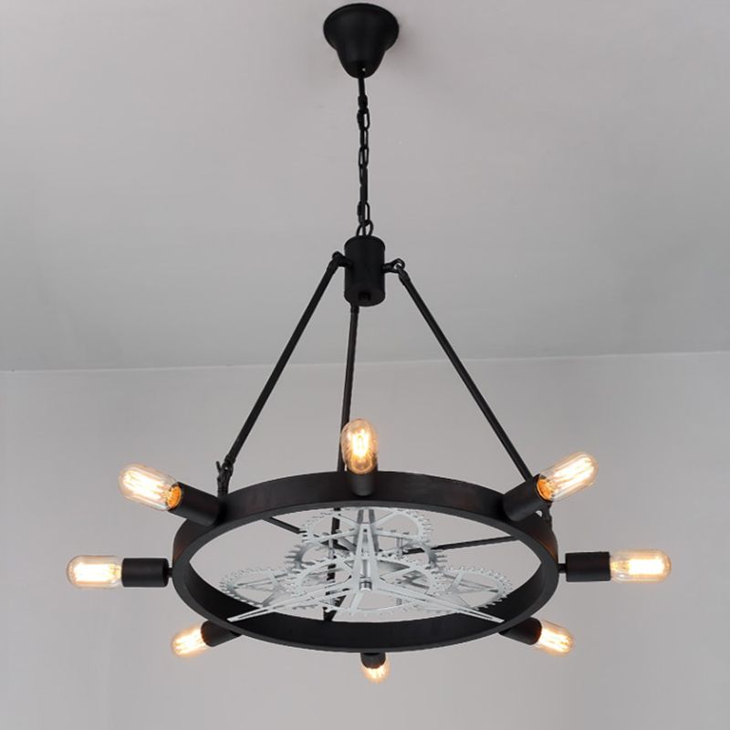 7/8 Bulbs Iron Hanging Chandelier Industrial Black/Silver Gear Wheel Dining Table Suspended Lighting Fixture with Exposed Bulb Design