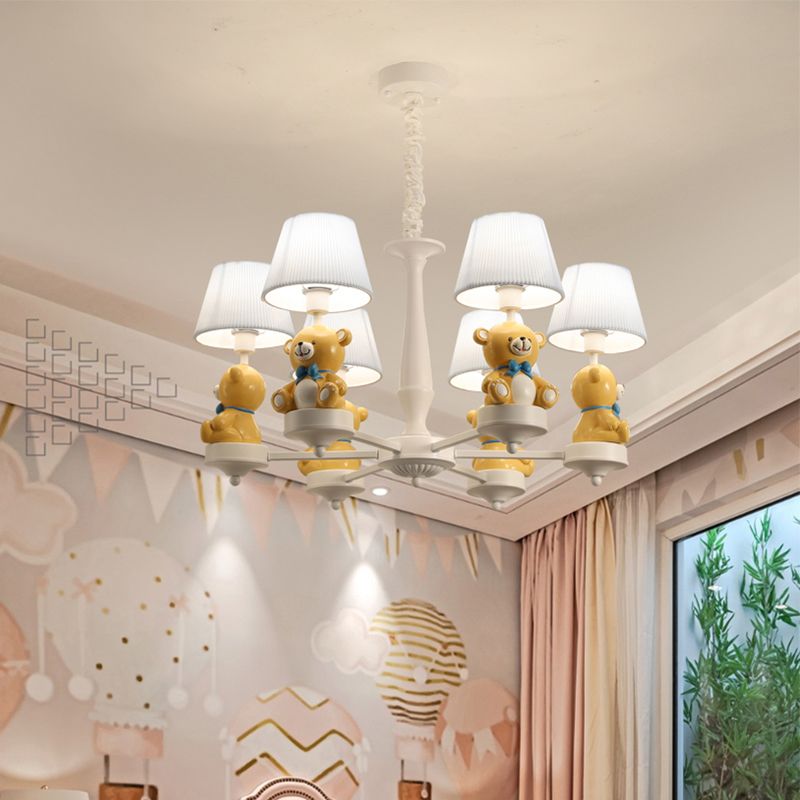 Bucket Chandelier Lighting Kids Pleated Fabric Child Room Pendant Light with Decorative Bear in White