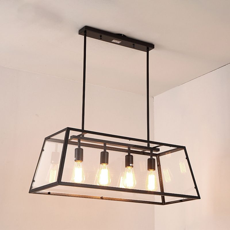 Industrial Metal Island Light Black 4 Lights Island Pendant with Glass for Dining Room