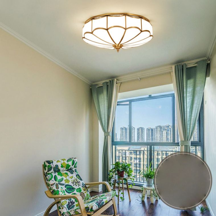 Flush Mount Ceiling Fixture Traditional Bedroom Flush Ceiling Light Fixture with Flower Glass Shade in Brass