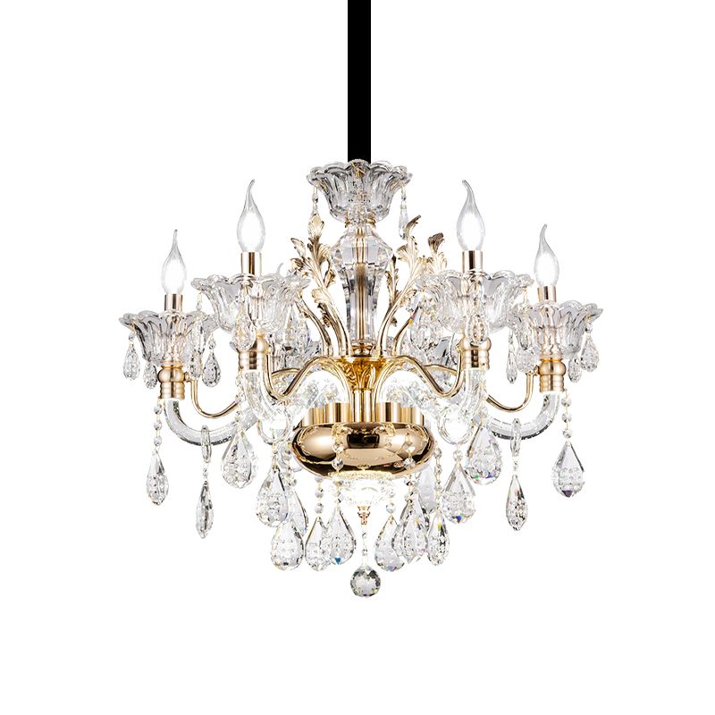 6 Lights K9 Crystal Pendant Light Mid-Century Gold Candlestick Bedroom Chandelier Lamp