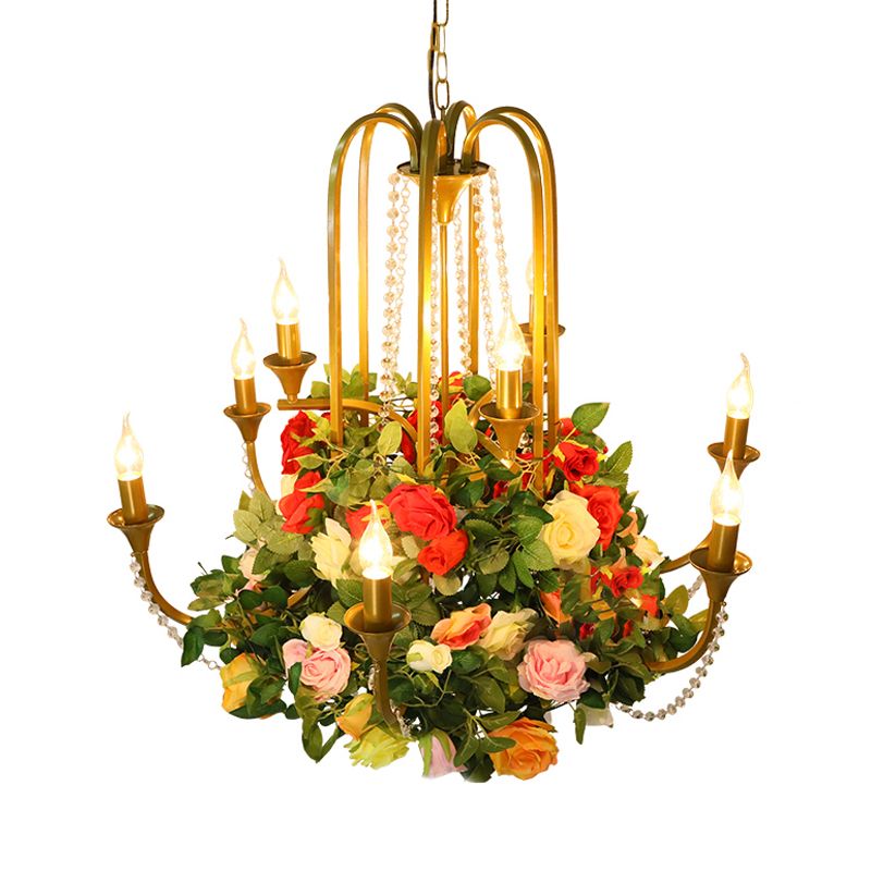 Candle Restaurant Chandelier Lighting Industrial Metal 9 Bulbs Gold Ceiling Pendant Light with Rose Decor