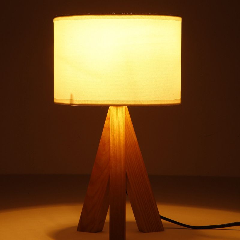 Black/White Cylinder Table Lighting Modern 1 Light Fabric Night Lamp with Wood Tripod Stand