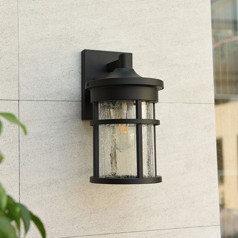 Crackle Glass Black Schonce Lamp Cilindrical 1 Bulb Countryside Wandverlichting met metalen frame
