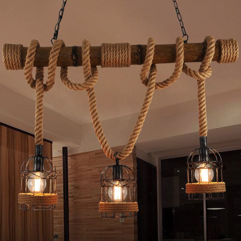 Rope Cage Shade Island Light Fixture Retro Style Restaurant Chandelier Light Fixture in Beige