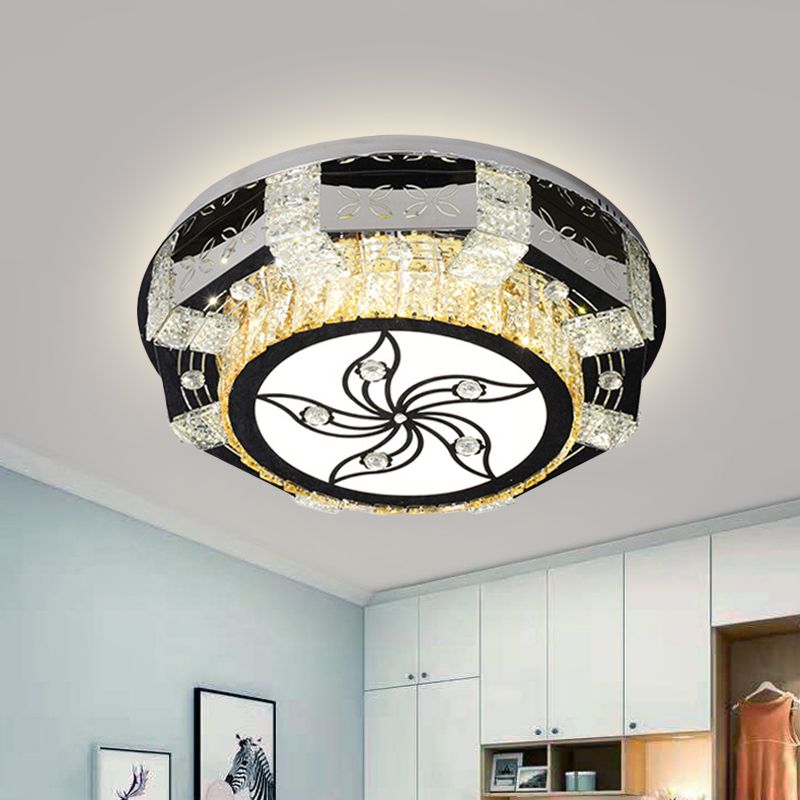LED Flush Mount Lamp Modernism Drum Shade Crystal Block Ceiling Light Fixture in Nickel with Flower/Four-leaf Pattern