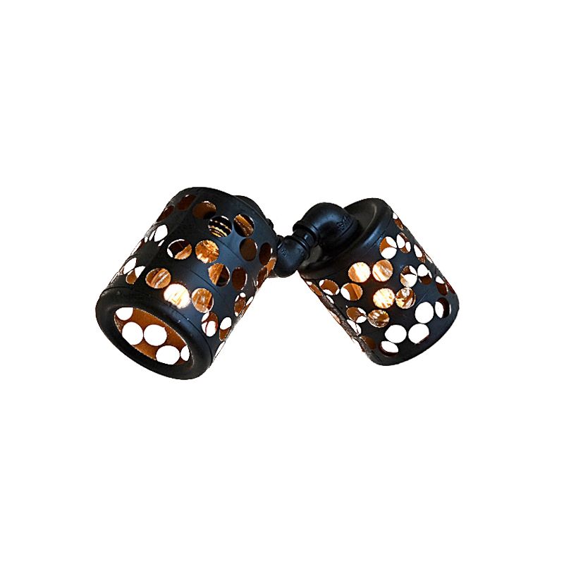 Cylinder Outdoor Wall Lighting Antiqued Iron 2 Heads Black Finish Wall Mount Sconce with Hollow Out Design