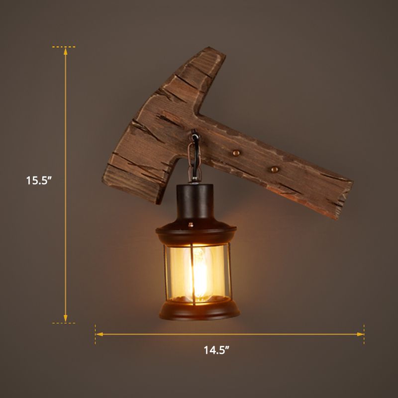 Single-Bulb Sconce Lamp Farmhouse Ax Wooden Wall Lighting with Lantern Shade for Bistro
