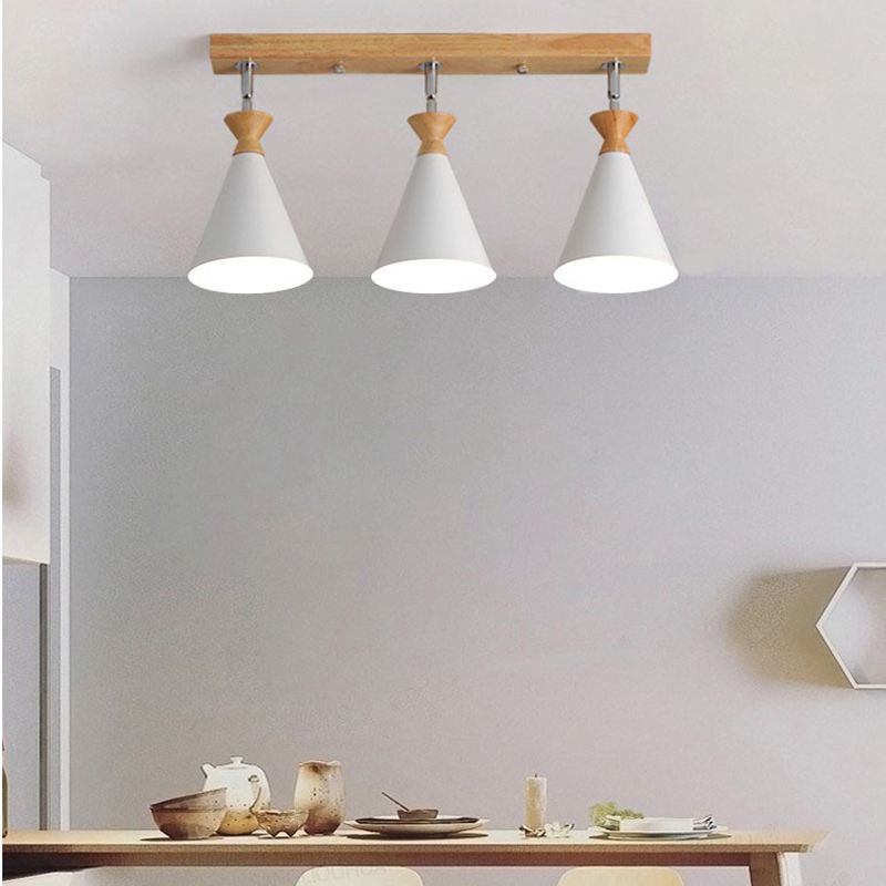 Wooden Cone Semi Flush Mount in Modern Creative Style Iron 3-Light Ceiling Light for Dining Room