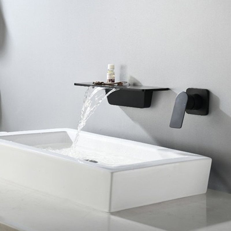 Sink Faucet Wall Mount Waterfall Spout 2 Holes Lever Handle Bathroom Faucet