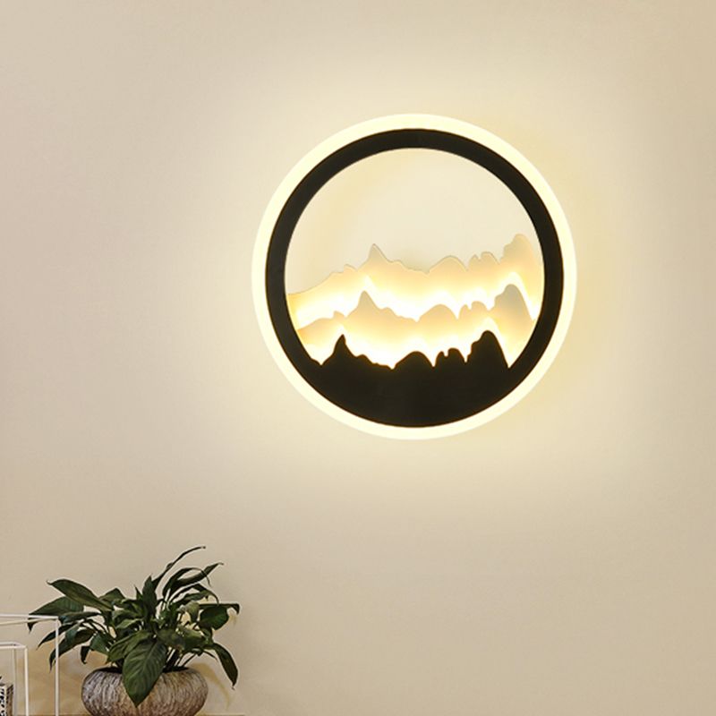Round Shaped Acrylic Mountain Mural Light Contemporary Style LED Black Wall Mount Light