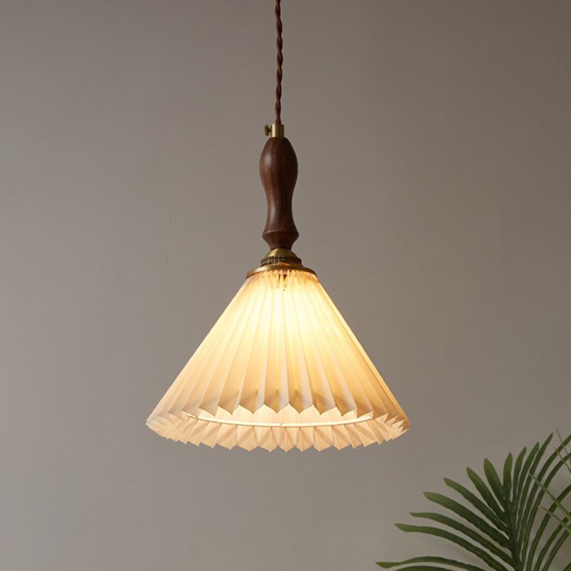Pleated Fabric Conical Pendant Lamp Minimalist 1-Light Beige Hanging Light for Dining Room
