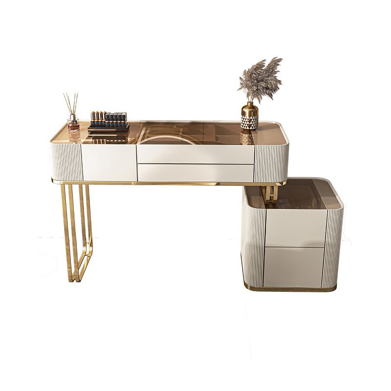 Minimalism Glass Vanity Table with Mirror & Stool 5 Drawers Beige Dressing Table