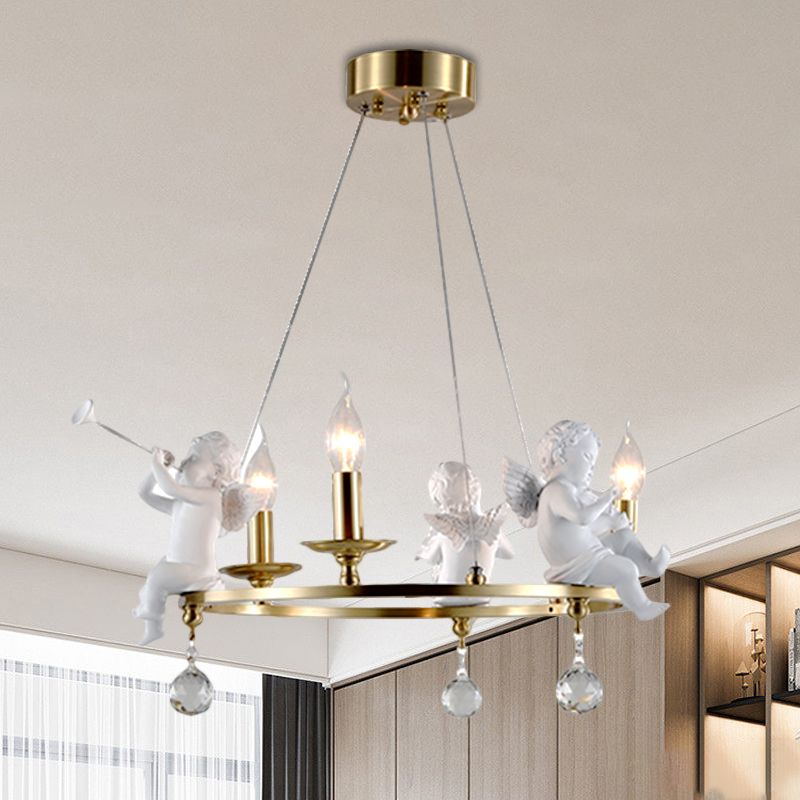 Candlestick Metallic Ceiling Pendant Nordic 3-Bulb Gold Hanging Chandelier with Angel Deco