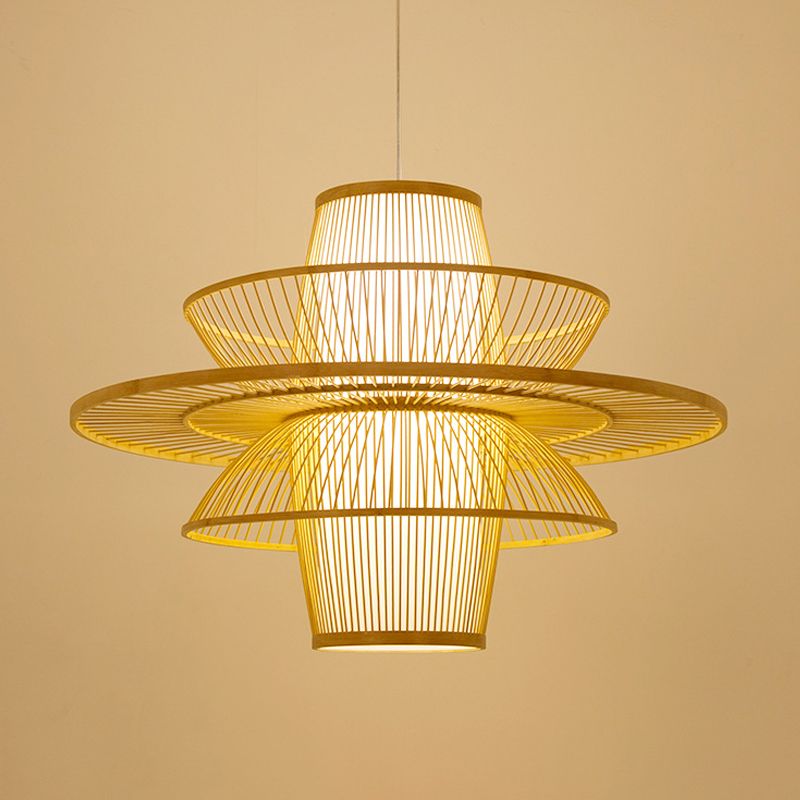 Canna di bambù giù per il ciondolo di illuminazione asiatico 16 "/23,5"/39 "1 lampadina beige lampadina con tonalità a 3 strati