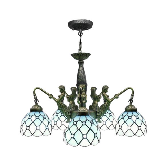 5 luci cupola il lampadario sospeso tiffany blu taglio a sospensione in pendente con sirena deco