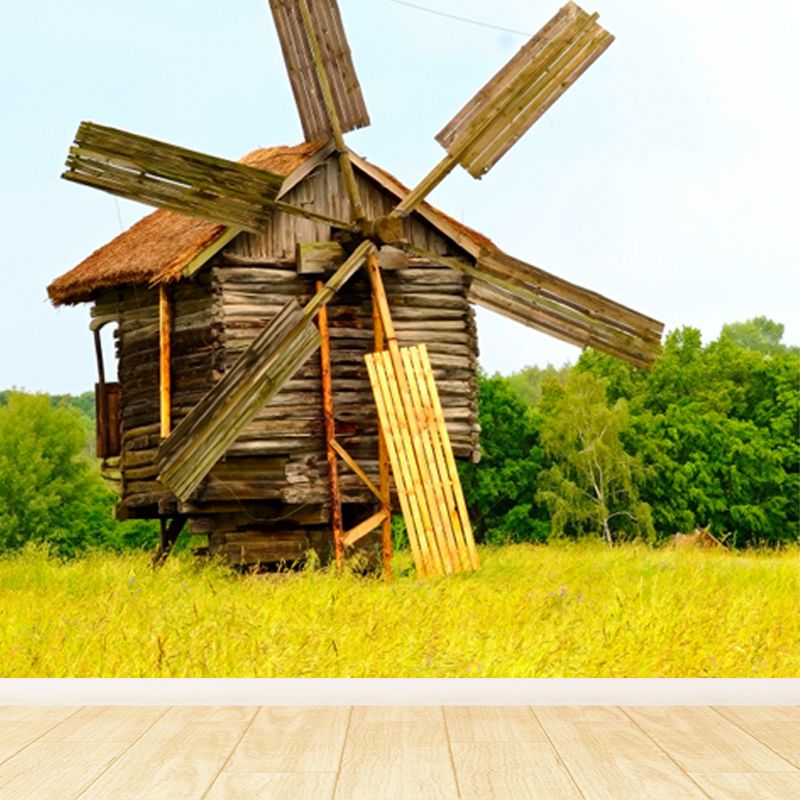 Huge Autumn Windmill Mural for Bedroom Landscape Wall Art in Soft Color, Stain Resistant