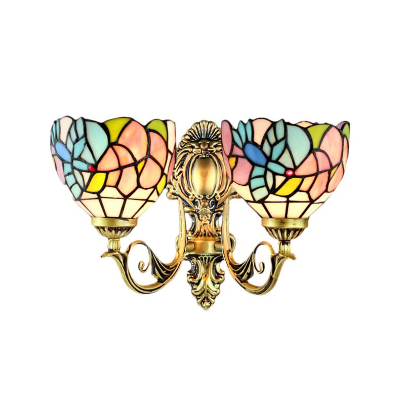 Bowl Wall Lamp Rustic Stained Glass 2 Heads Wall Fixture Light with Art Pattern for Dining Room