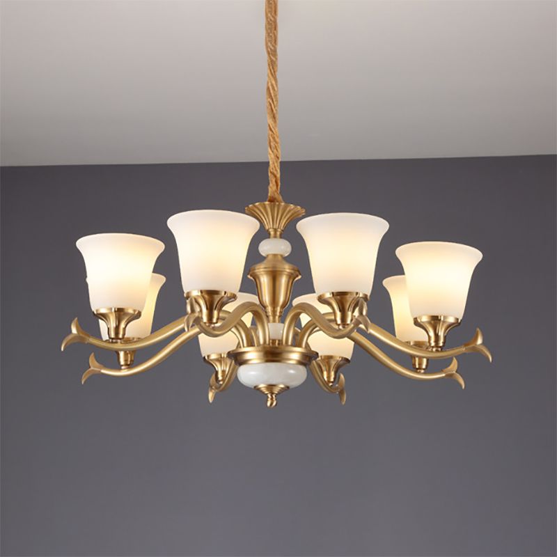 Gold Floral Shade Pendant Light Traditional White Glass Living Room Chandelier