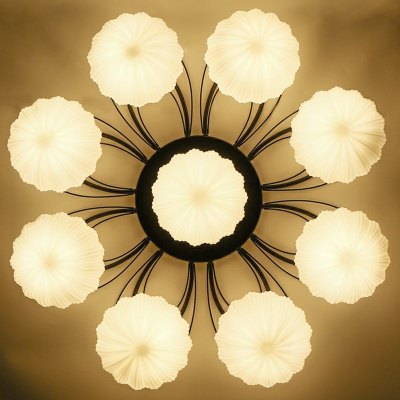 Ribbed Cream Glass Black Flush Mount Chandelier Bowl Classic Semi Flush Light Fixture for Dining Room