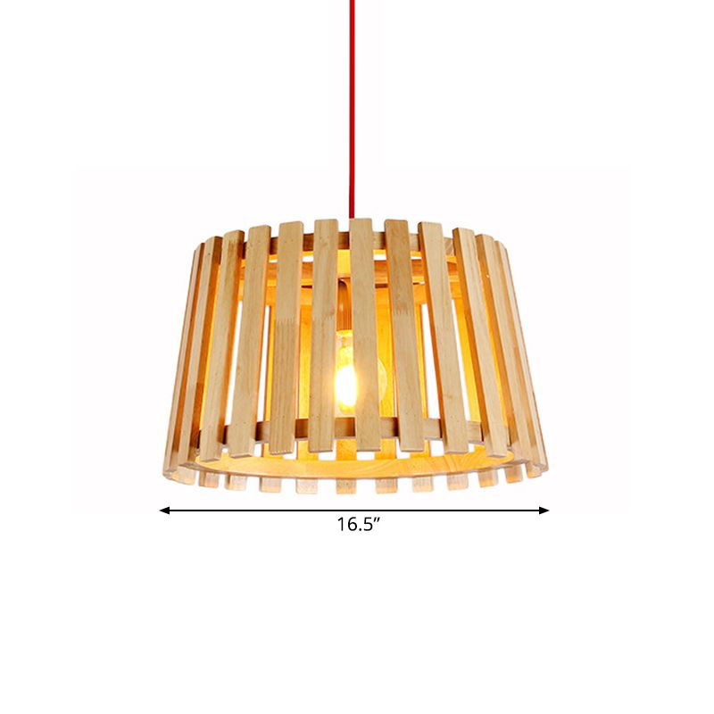 Houten slatted trommel hangende hanglamp eigentijds 1 licht plafondlicht in beige voor slaapkamer