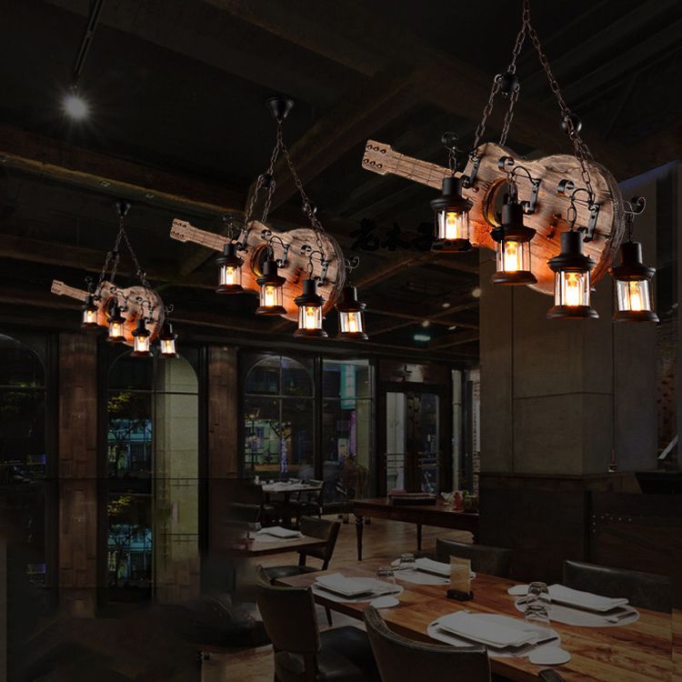 Guitar Chandelier Lighting Rustic Style Wooden Cafe Bar Pendant Light with Glass Kerosene Lantern