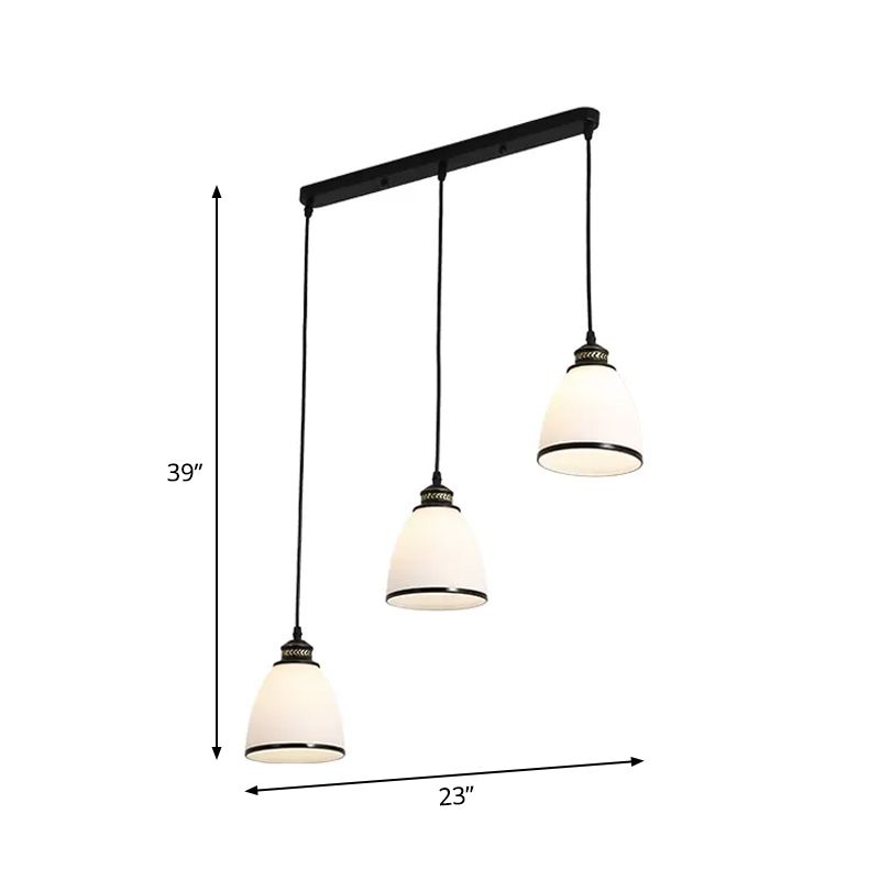 Minimalist Bell Cluster Pendant 3 Lights Ivory Glass Hanging Lamp with Round/Linear Canopy in Black