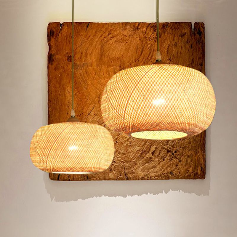 Beige Spheroid Pendant Light Fixture Asia 1-Light Bamboo Suspension Lighting for Restaurant