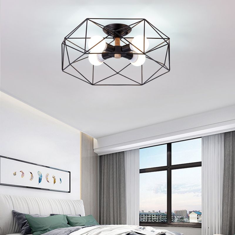 Industrial Flush Light Fixtures Cage-Shaped Iron Flush Mount Lamps for Bedroom