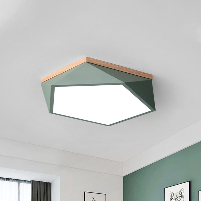 Plafonnier à facettes Macaron métallique 16"/19,5" W LED pour chambre à coucher en blanc/gris/vert avec auvent en bois