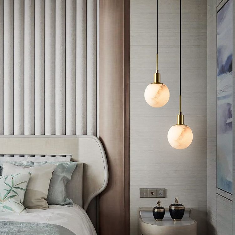 Minimalistic 1-Bulb Drop Pendant White Mini Suspension Lighting with Marble Shade