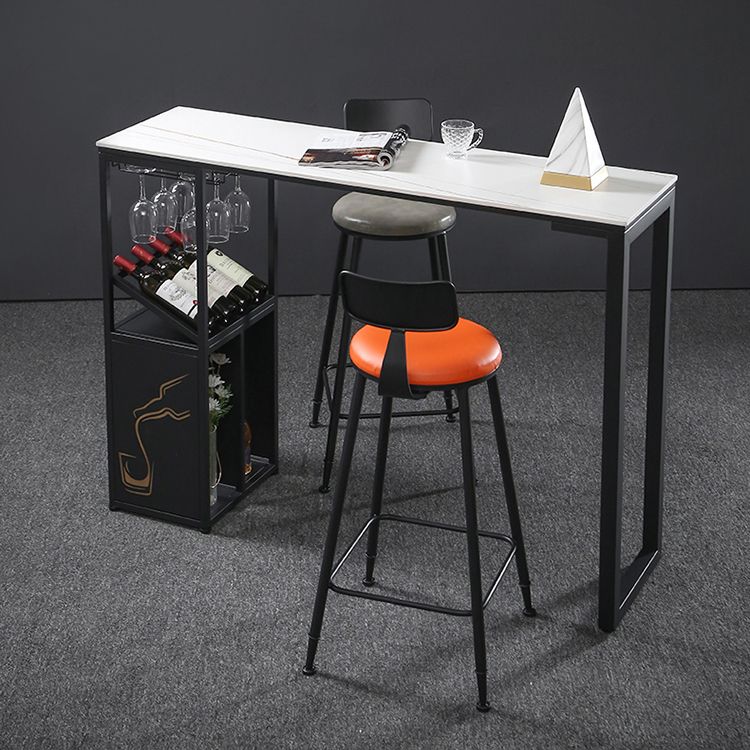 Industrial Rectangle Pub Table White Sintered Stone Bar Height Cocktail Table with Shelves