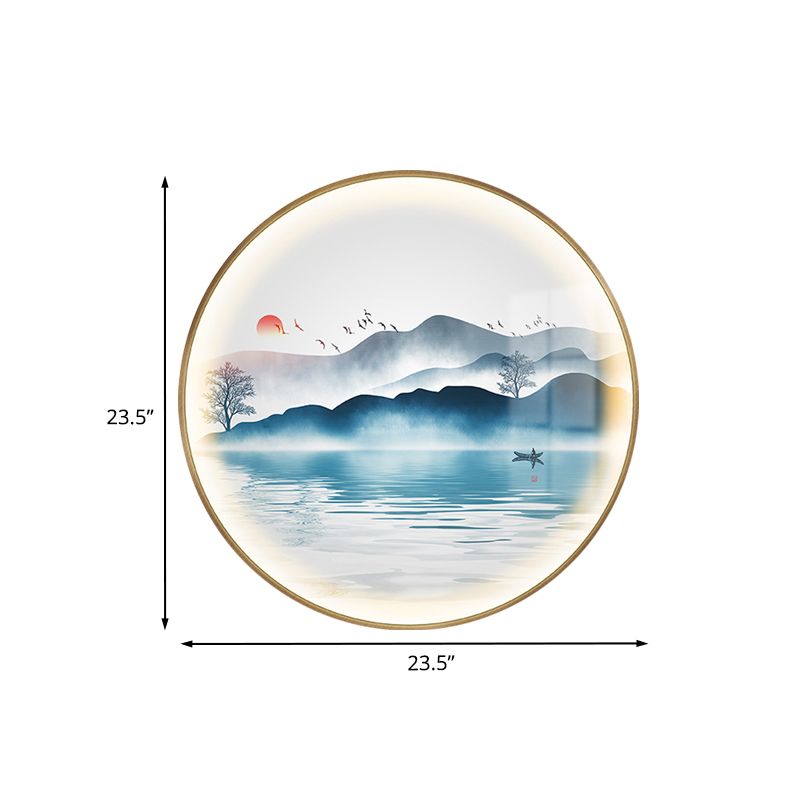 Gold Circular Mountain et Lake Mural Light Chinese LED Metallic Wall Éclairage mural