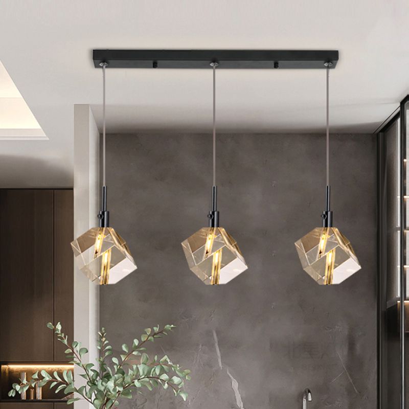 Schwarzes Finish-Würfel Anhänger Licht Einfaches 3-Licht-Kristallglas Mehrfachhanglampe