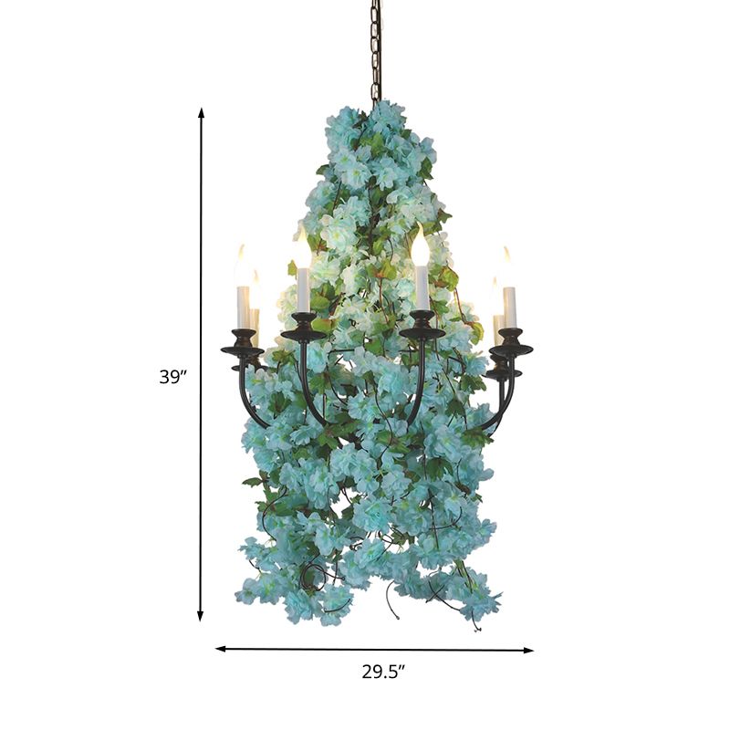 Candle Restaurant Chandelier Lighting Industrial Metal 8 Bulbs Blue LED Ceiling Pendant Light with Flower Decor