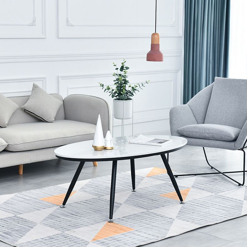 White Oval Stone Top Coffee Table with 4 Iron Legs Single Coffee Table