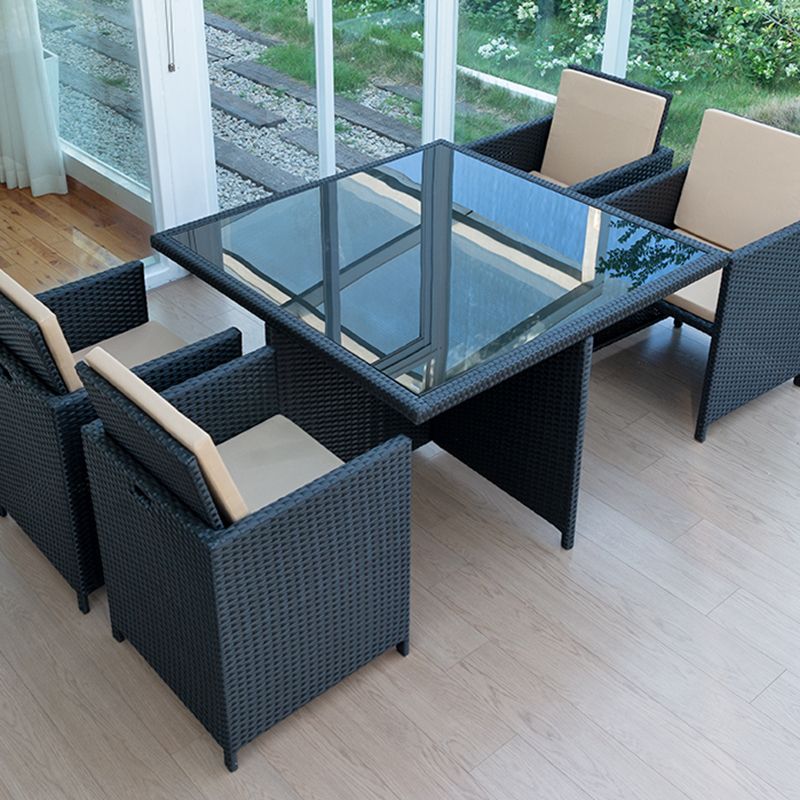 Rattan Dining Table Set with Black Tempered Glass Table for Courtyard