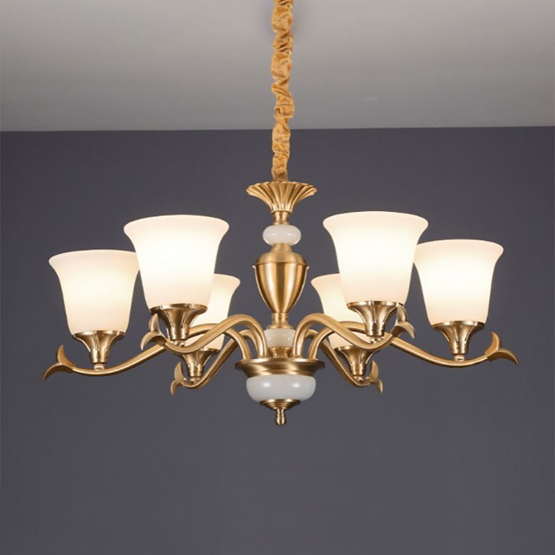 Gold Floral Shade Pendant Light Traditional White Glass Living Room Chandelier